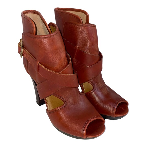 Kelsi Dagger Marcelle Cognac Leather Ankle Bootie Buckle Strap Open Toe 7.5 US - Picture 3 of 15